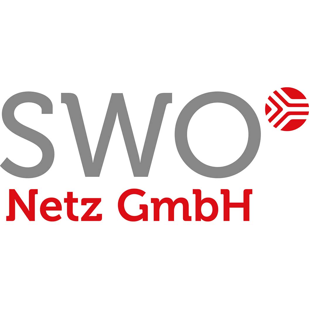 SWO Netz GmbH Logo, grauer Text "SWO", roter Text "Netz GmbH", rotes grafisches Symbol.