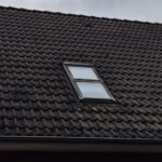 Ein Dachfenster spiegelt den Himmel auf einem dunklen Ziegeldach mit Moosstellen