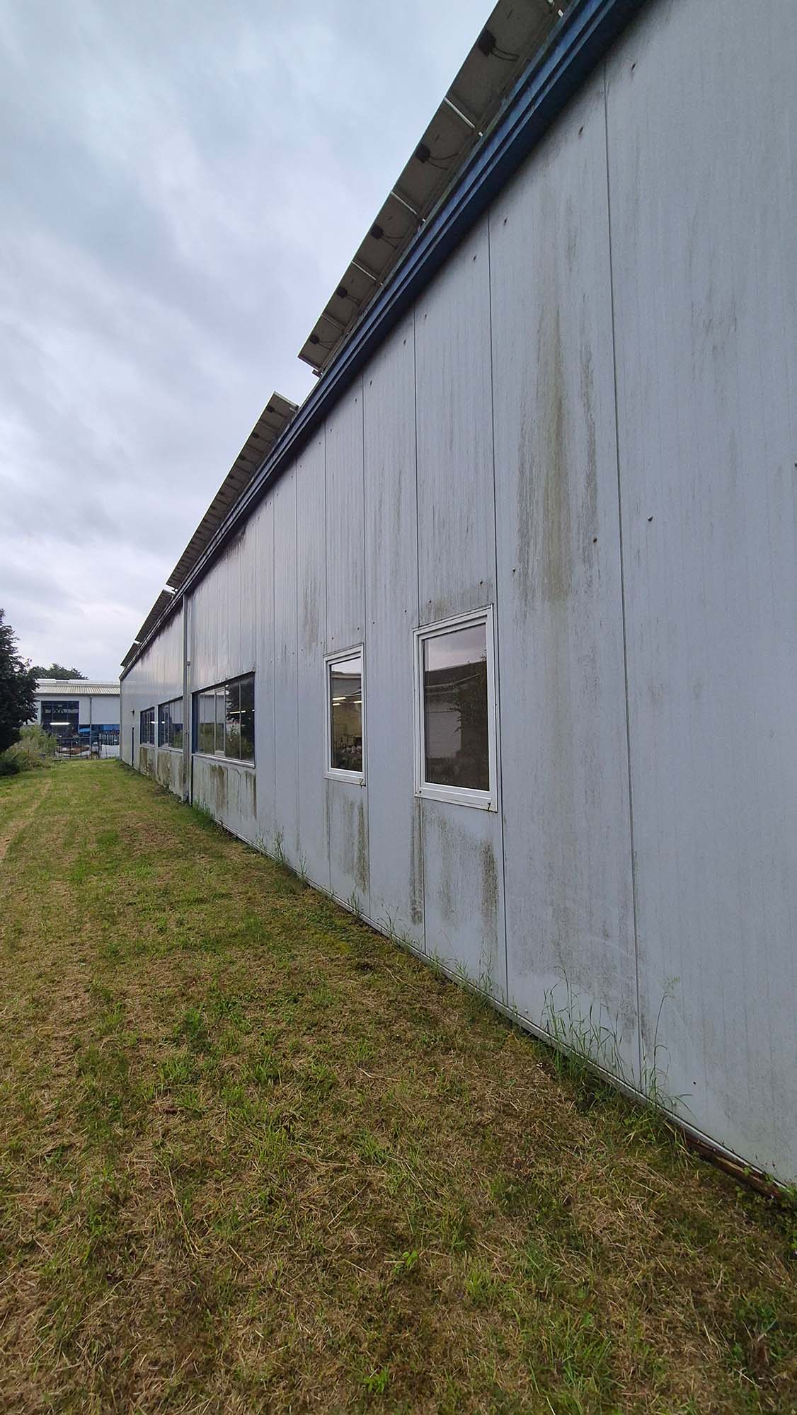 Eine lange graue Hallenwand mit mehreren Fenstern, teils verwittert und bemoost